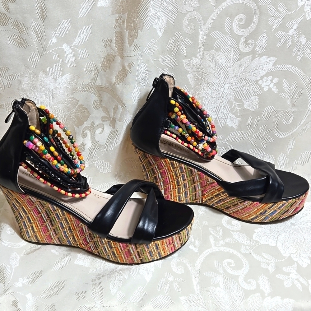 Dream Pairs Colorful Beaded Ankle Black Wedge Sandals - Picture 2 of 9